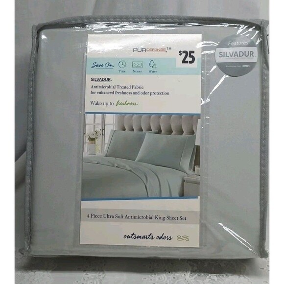 Silvadur Gray King Size Sheet Set 4pc Antimicrobial PurDefense Bedding Sleep - Picture 1 of 10